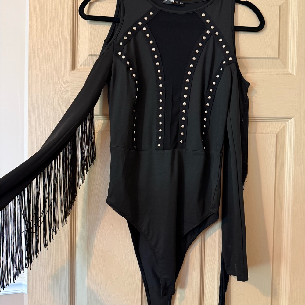 SHEIN Black Silver Asymmetrical Embellished Bodysuit